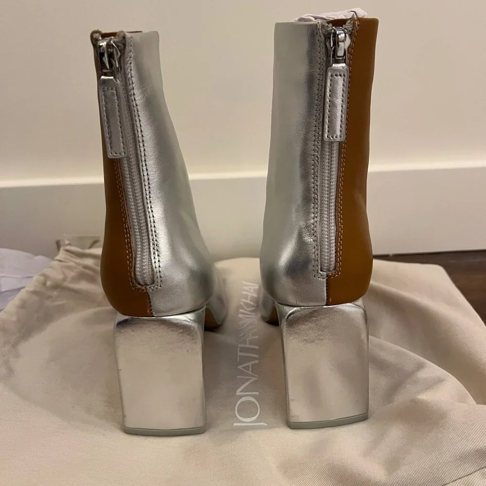 Jonathan Simkhai Silver Tan‎ Two Tone Leather Square Toe Block Heel Boots 36